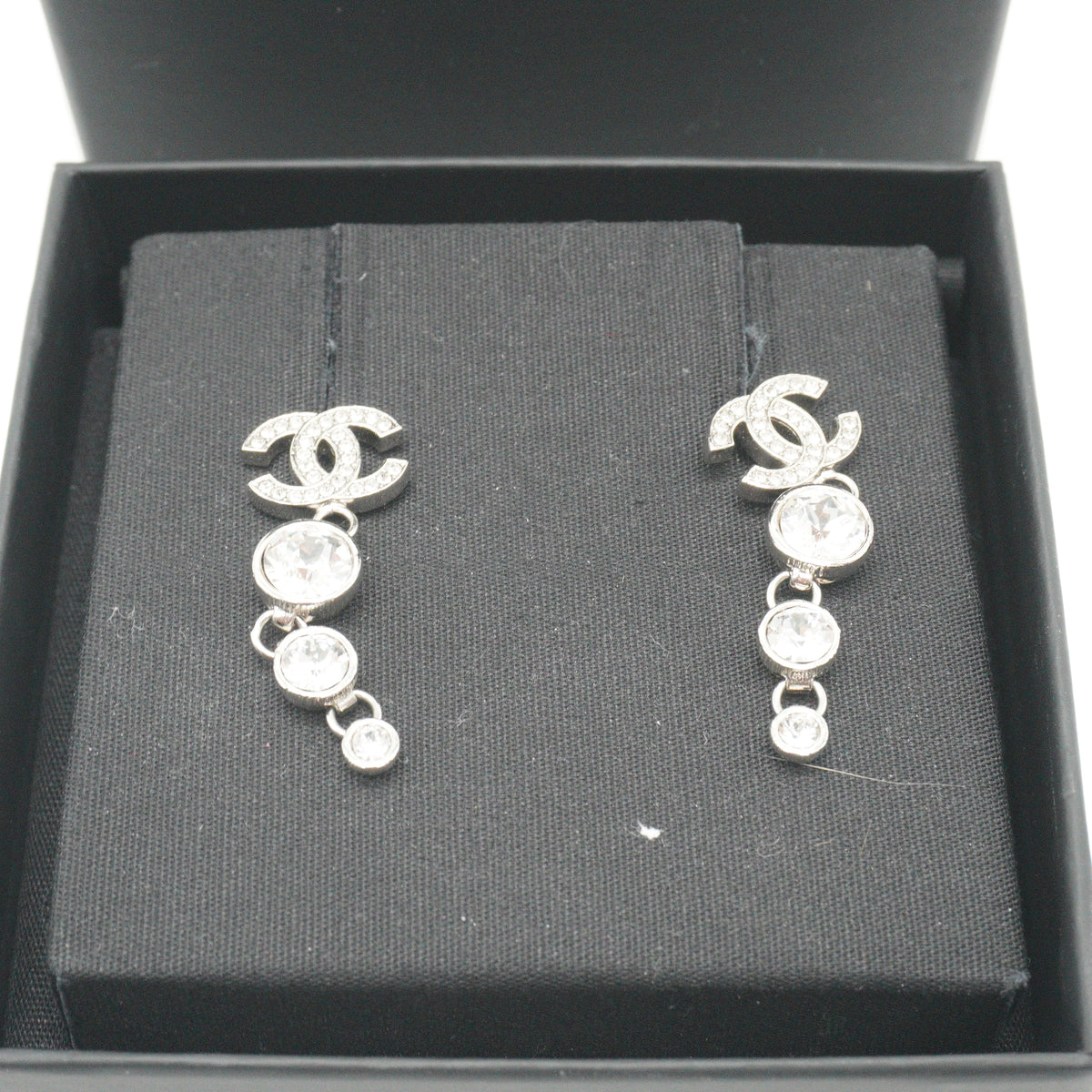 Chanel Silver Strass and Crystal CC Long Dangle Earrings