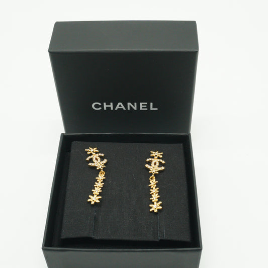 Chanel Gold Floral Crystal CC Drop Earrings