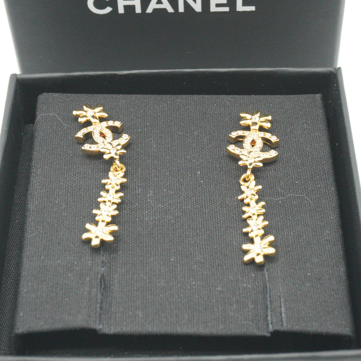 Chanel Gold Floral Crystal CC Drop Earrings