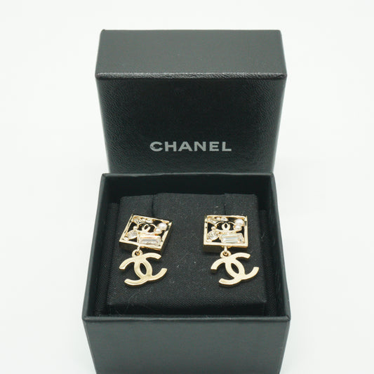 Chanel Square Strass Crystal CC Drop Earrings