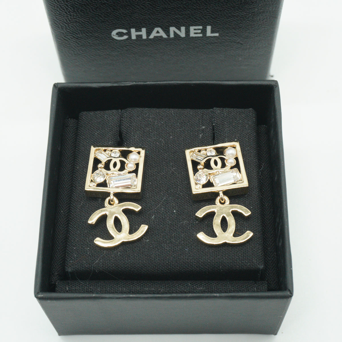 Chanel Square Strass Crystal CC Drop Earrings