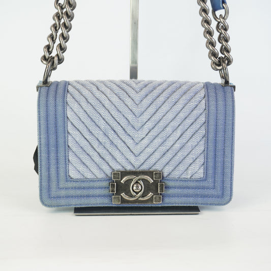 Chanel Boy Flap Chevron Quilted Denim SHW Small