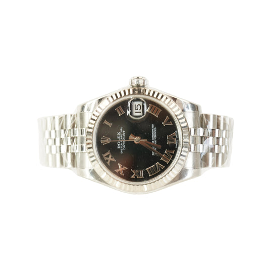 BLACK DIAL ROMAN STEEL CONTINUOUS BRACELET. S/N: G401432 #178274, CARD CERTIFICATE BOX