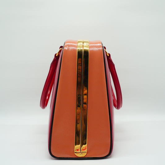 Prada Saffiano Vernice Pyramid Frame Top Handle Bag GHW Medium