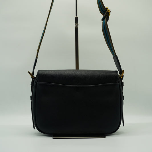 Prada 1BD192 Saffiano Leather Web Strap Flap Crossbody Black Small GHW