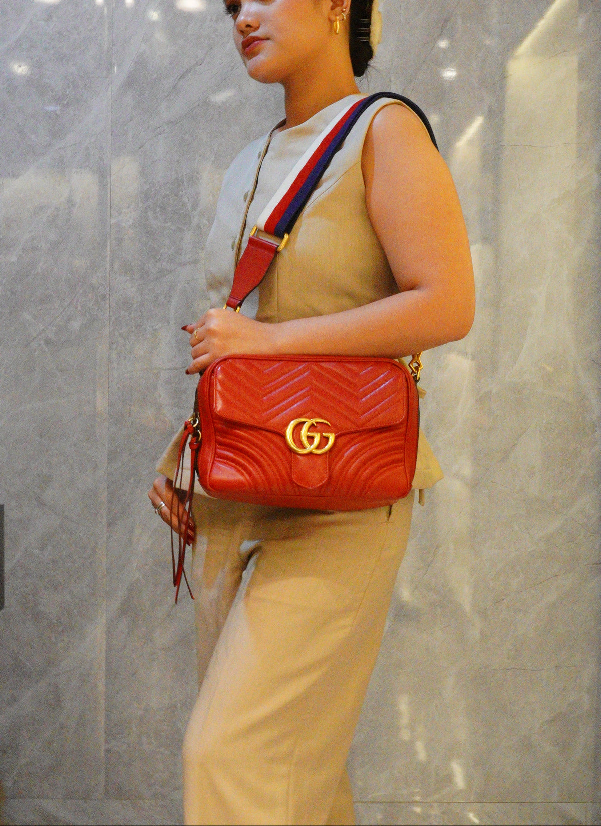 Gucci GG Marmont Matelassé Leather Medium Top Handle Shoulder Bag Red GHW