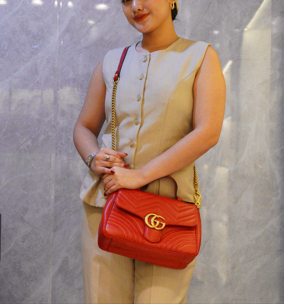 Gucci GG Marmont Top Handle medium Red GHW