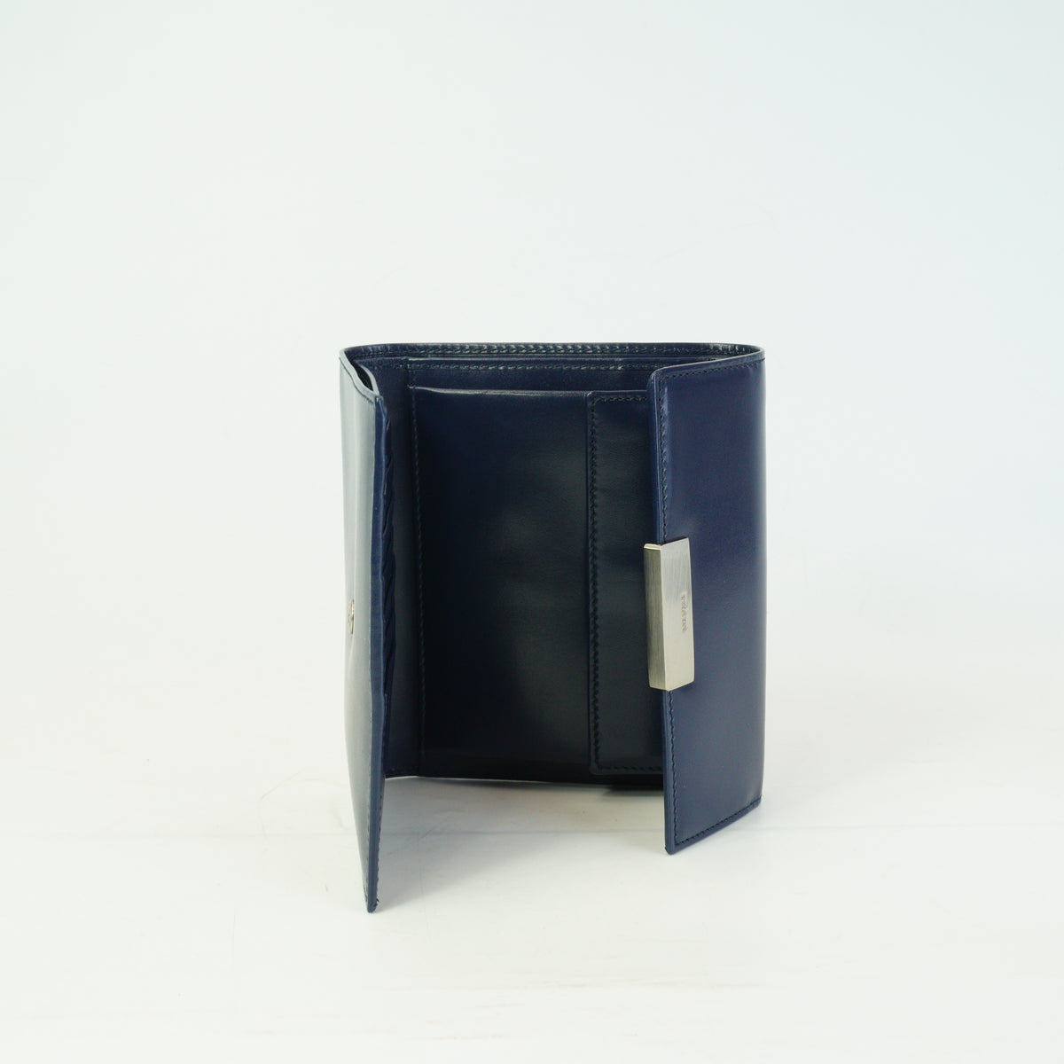 Prada Vitello Leather Compact Wallet Dark Blue SHW