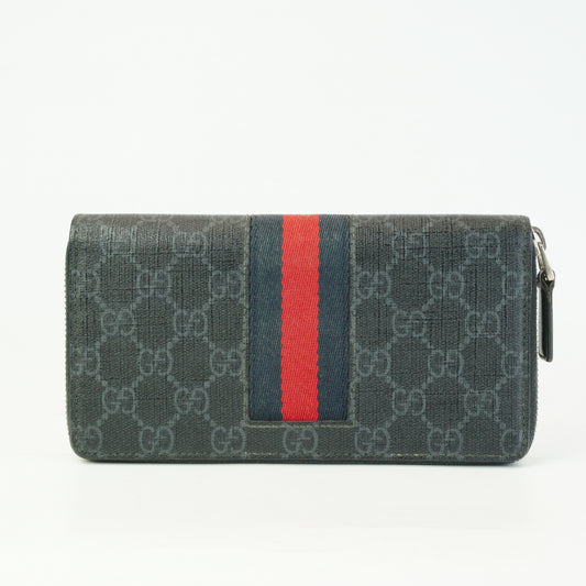 Gucci GG Supreme New Web Zip Around Wallet Dark Grey SHW