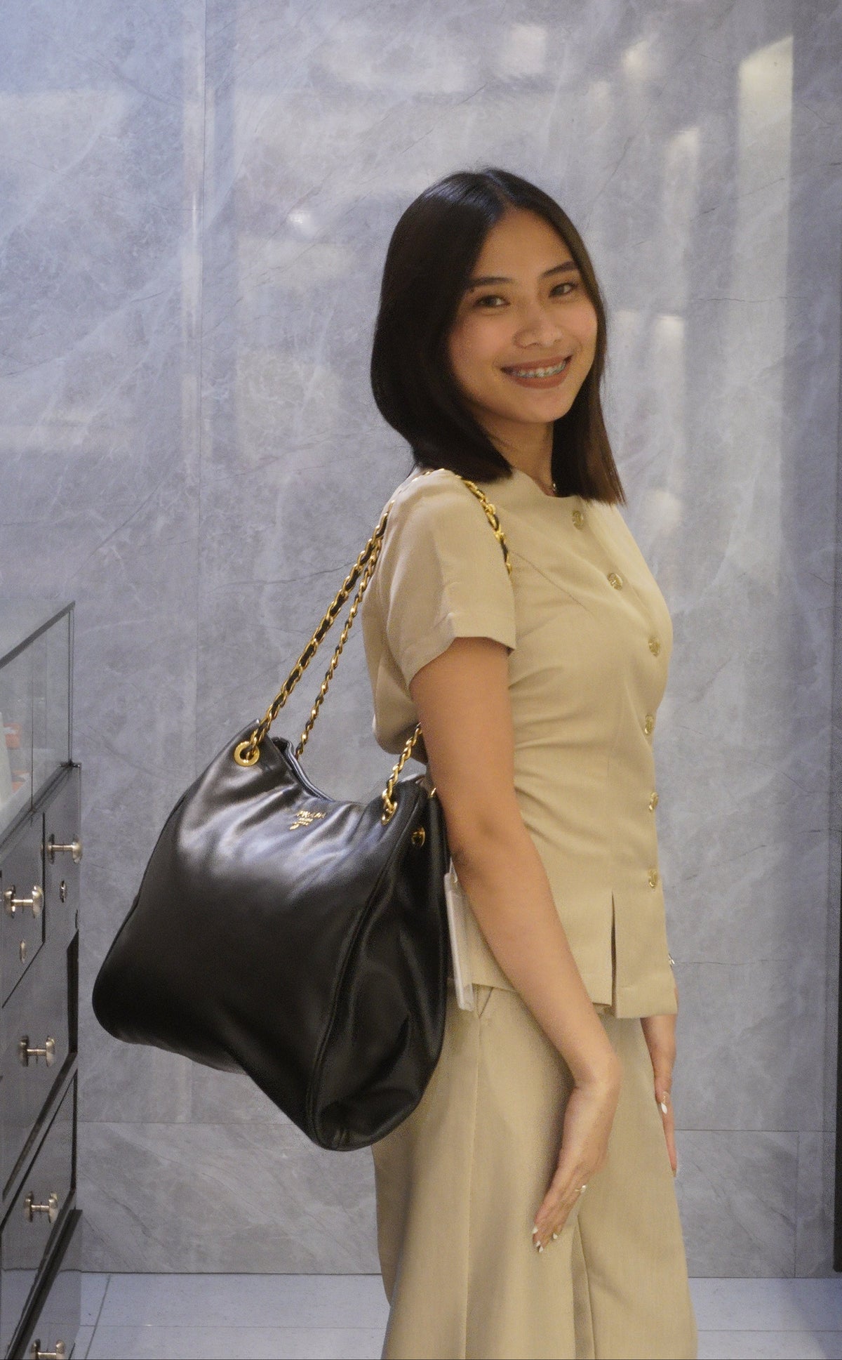 Prada Soft Calfskin Chain Tote Bag Medium black GHW