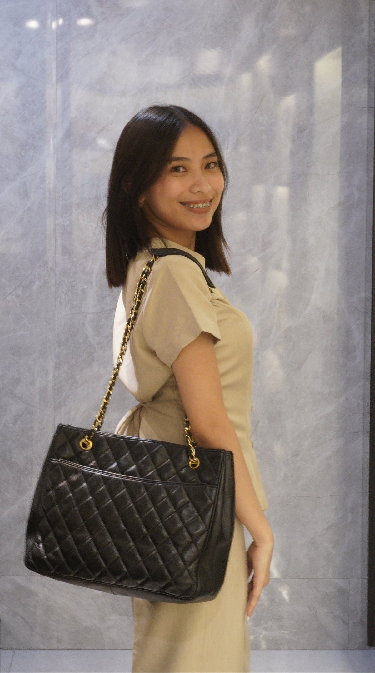 Chanel Lambskin Matelasse Chain Shopping Tote Bag Medium black GHW
