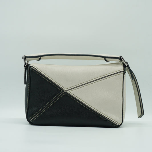 Loewe Mini Puzzle Bag in a color-blocked soft white rosemary green and black