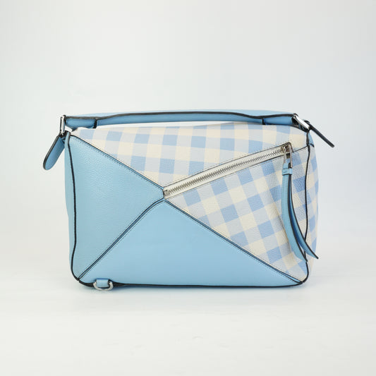 Loewe Puzzle Gingham Soft Blue Leather Medium MHW