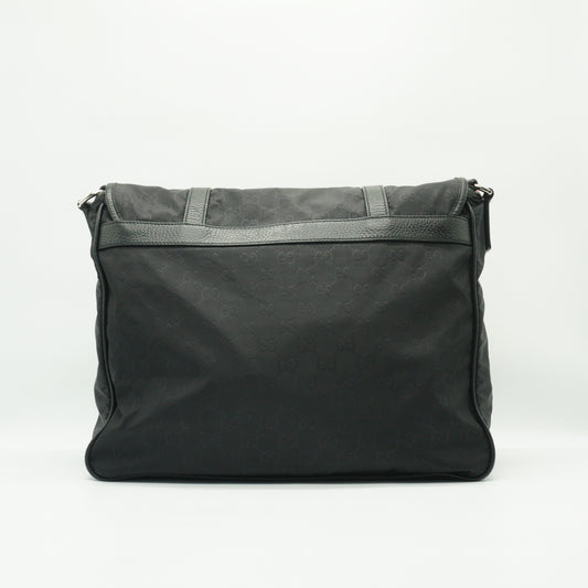 Gucci Nylon Monogram Double Buckle Flap Medium Messenger Bag Black SHW