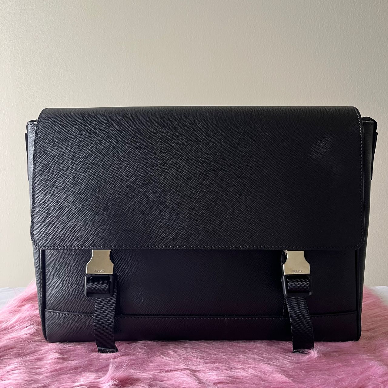 Prada Saffiano Travel Shoulder Bag Black (Men's) β 8.3"H x 11.8"L x 3.1"W