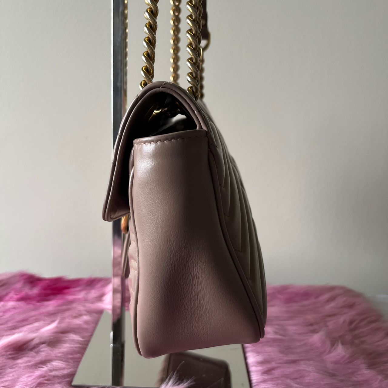 Gucci Marmont Small Tan β 5"H x 9.5"L x 3"W