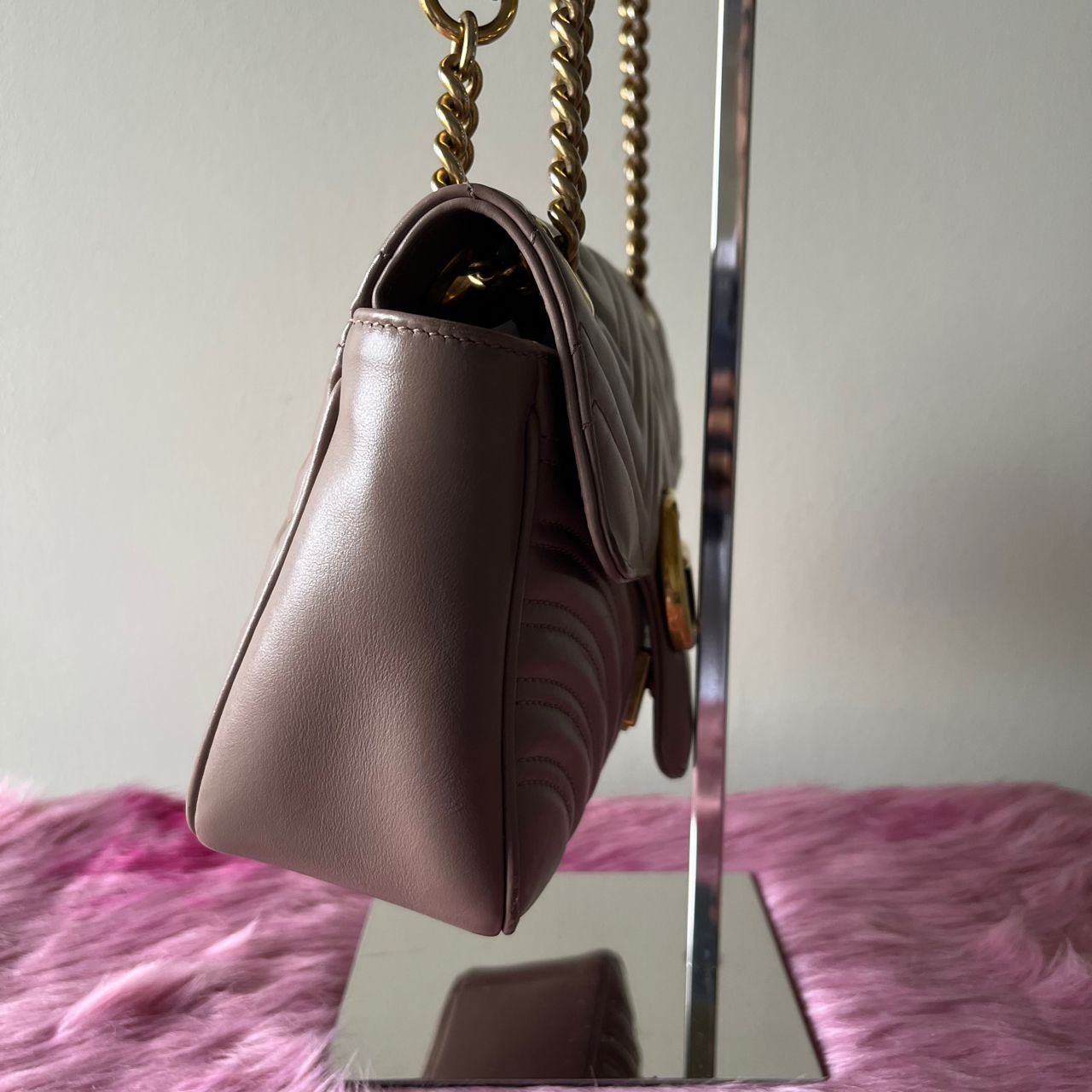 Gucci Marmont Small Tan β 5"H x 9.5"L x 3"W