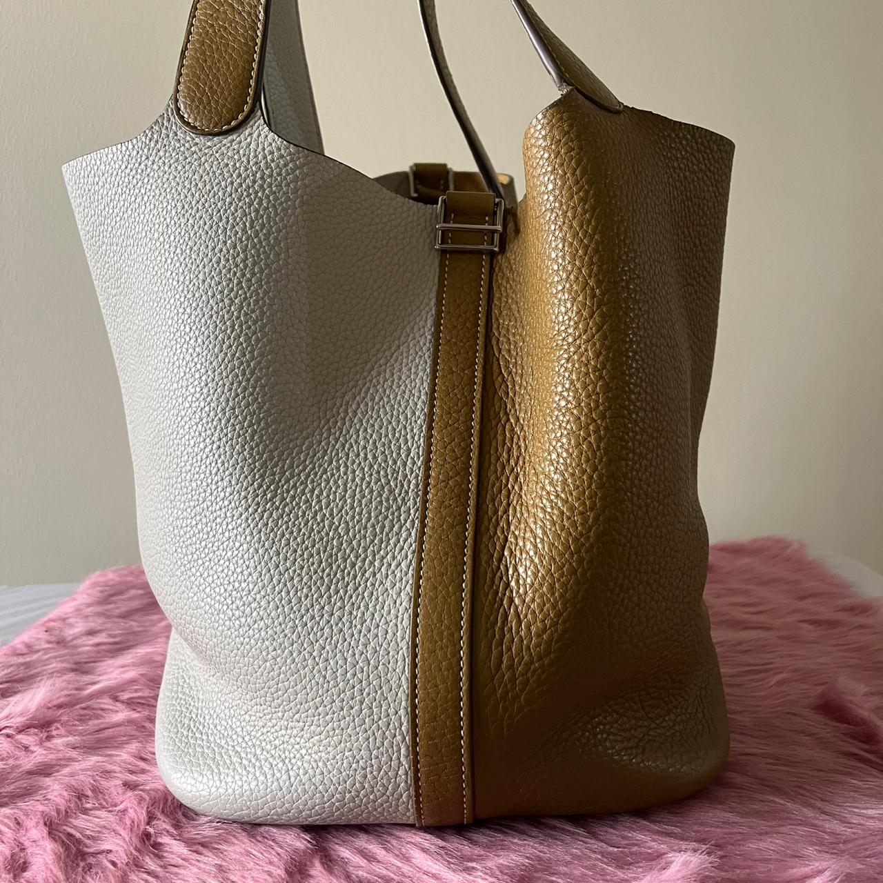 Hermès Picotin MM Gray & Brown – 8.5"H x 8.7"L x 6.7"W