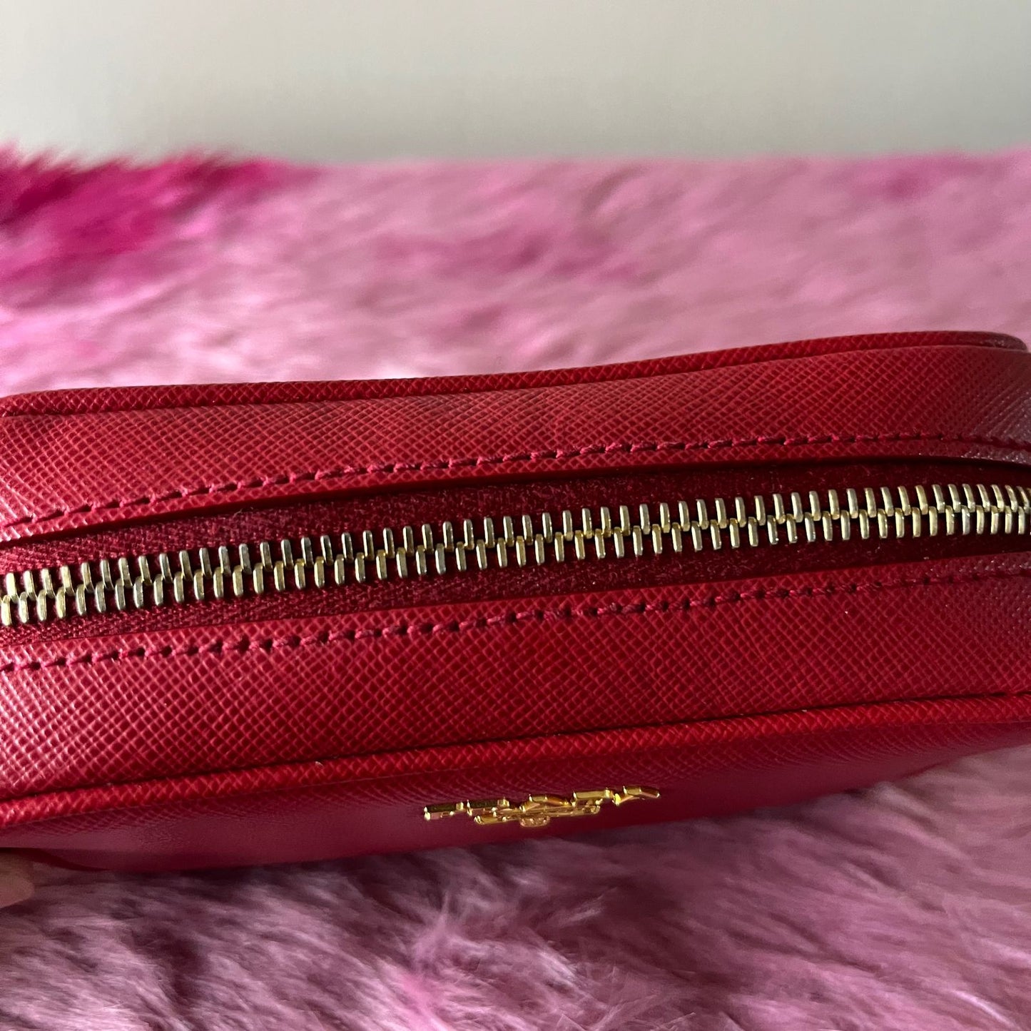 Prada Saffiano Crossbody Mini Bag Red β 4.7"H x 7.5"L x 2.4"W