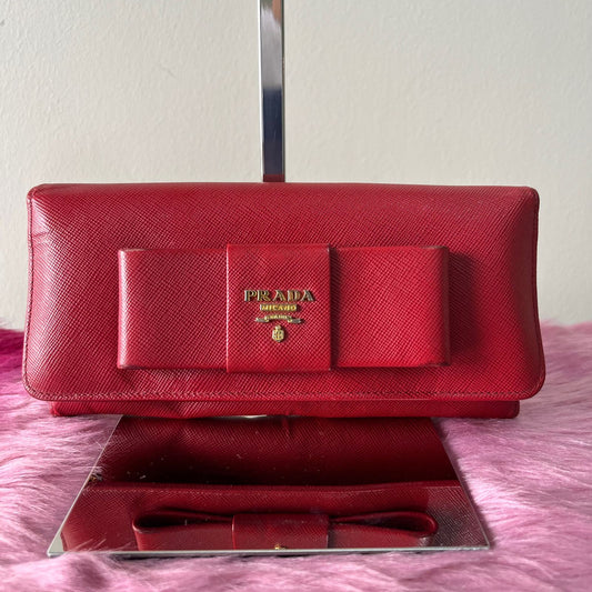 Prada Saffiano Bowy Wallet Red – 3.7"H x 7.5"L x 1"W