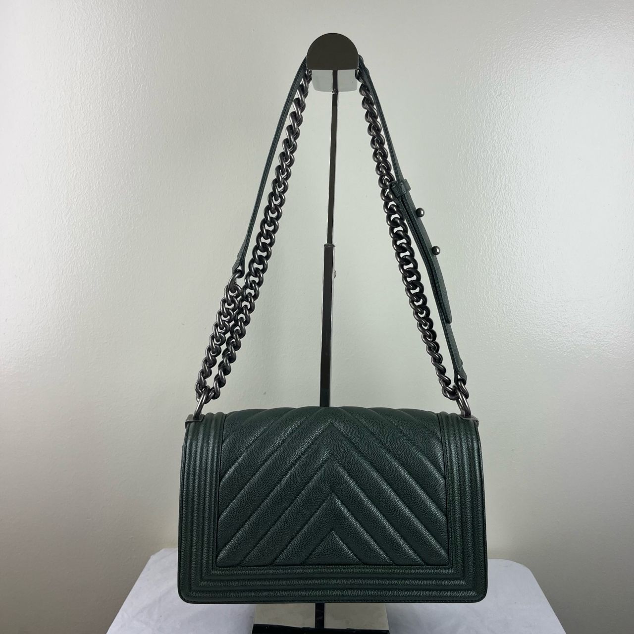 Chanel Le Boy Chevron Handbag, Green – H5.9" x L9.8" x W3.5"