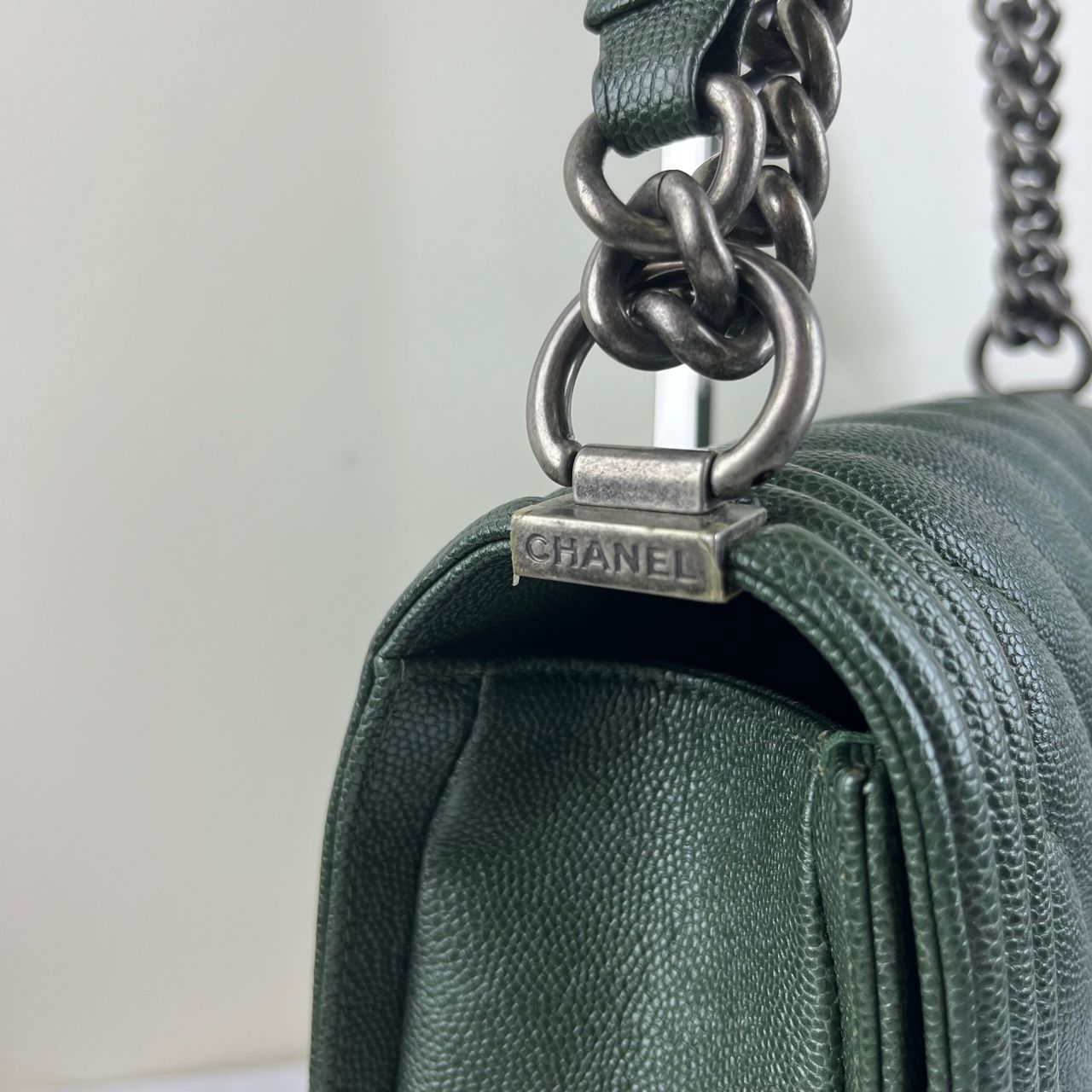 Chanel Le Boy Chevron Handbag, Green – H5.9" x L9.8" x W3.5"