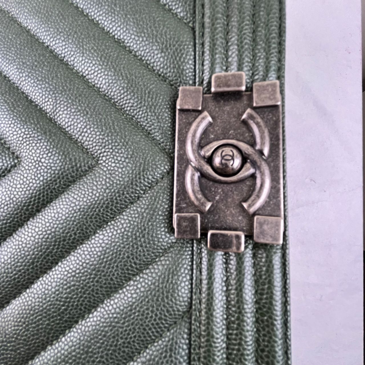 Chanel Le Boy Chevron Handbag, Green – H5.9" x L9.8" x W3.5"