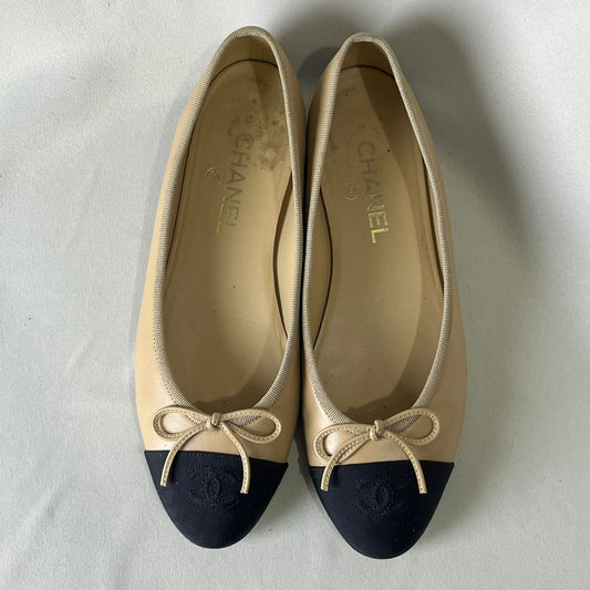 Chanel Ballet Flats Beige with Black Cap Toe 39