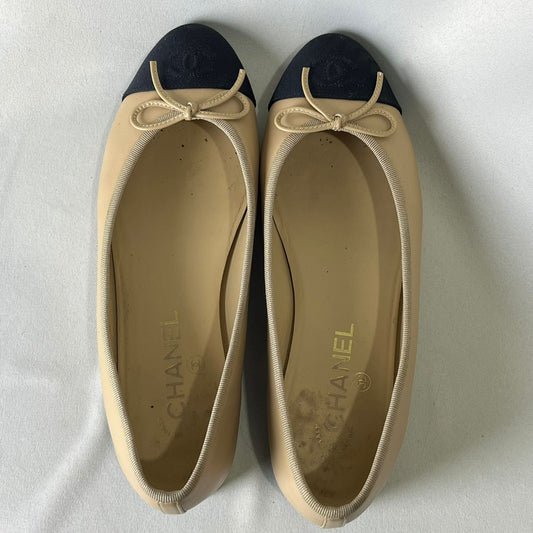 Chanel Ballet Flats Beige with Black Cap Toe 39