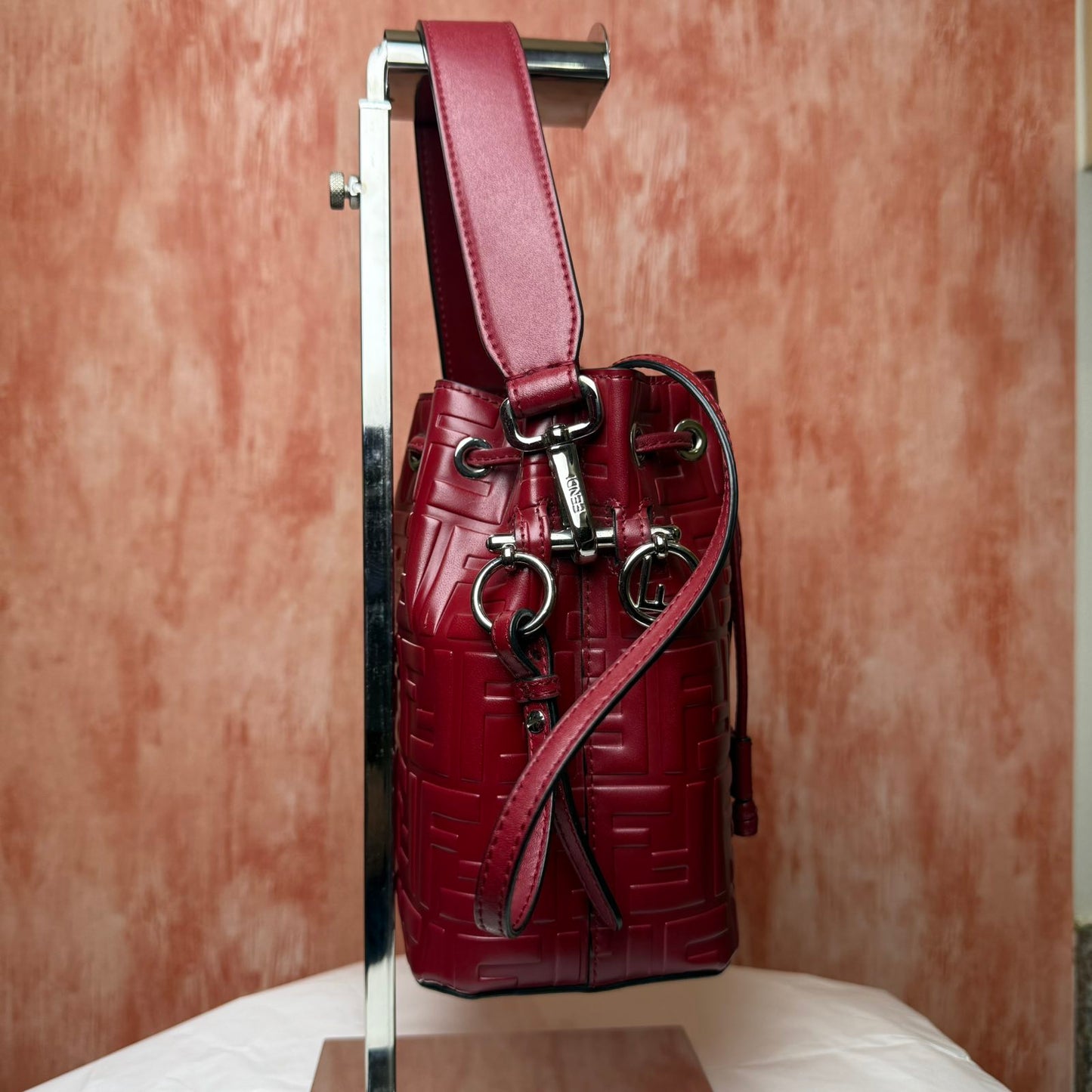 Fendi Embossed Leather Mon Tresor Mini Bucket Bag - Red 4.75" H x 4" W