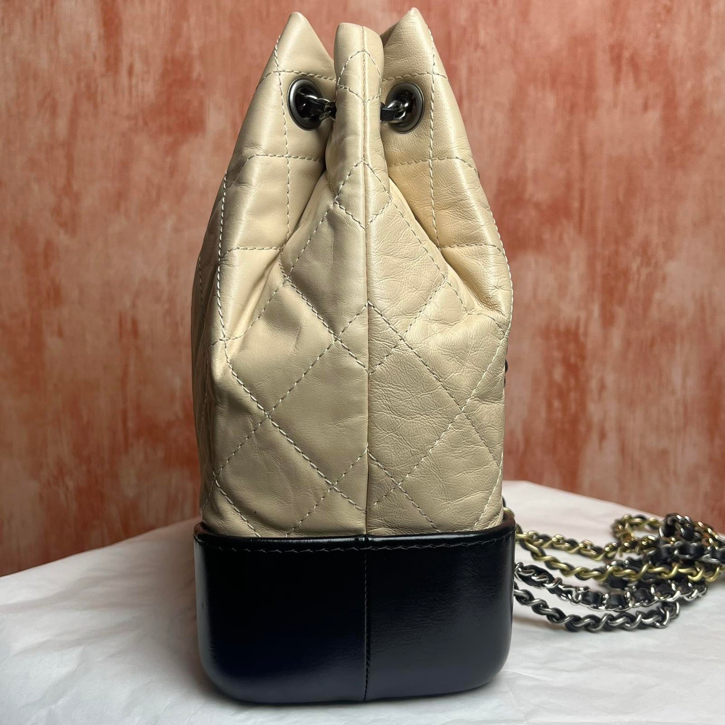 Chanel Gabrielle Backpack - Beige Black 8.9" L x 4.1" W x 9.1" H