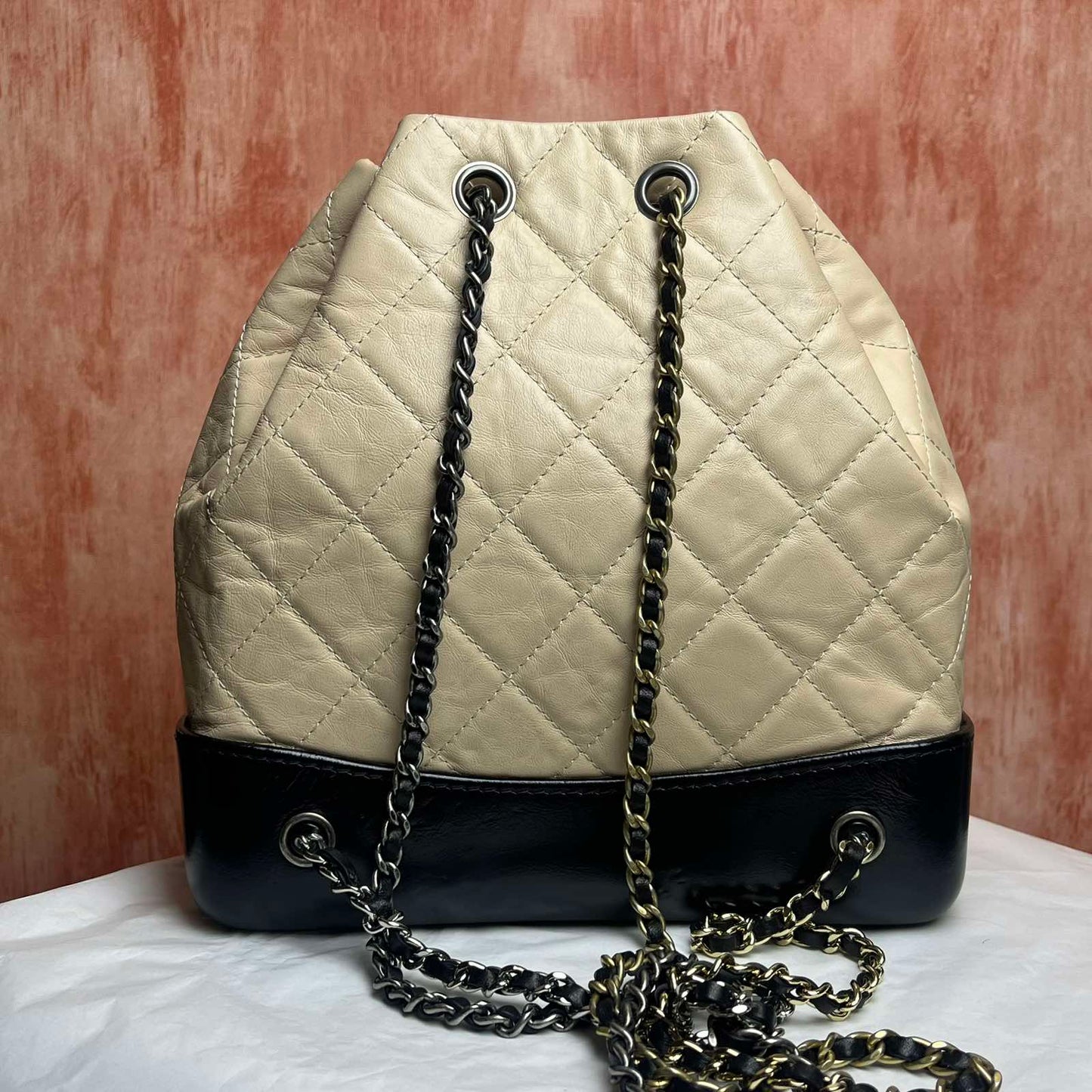 Chanel Gabrielle Backpack - Beige Black 8.9" L x 4.1" W x 9.1" H