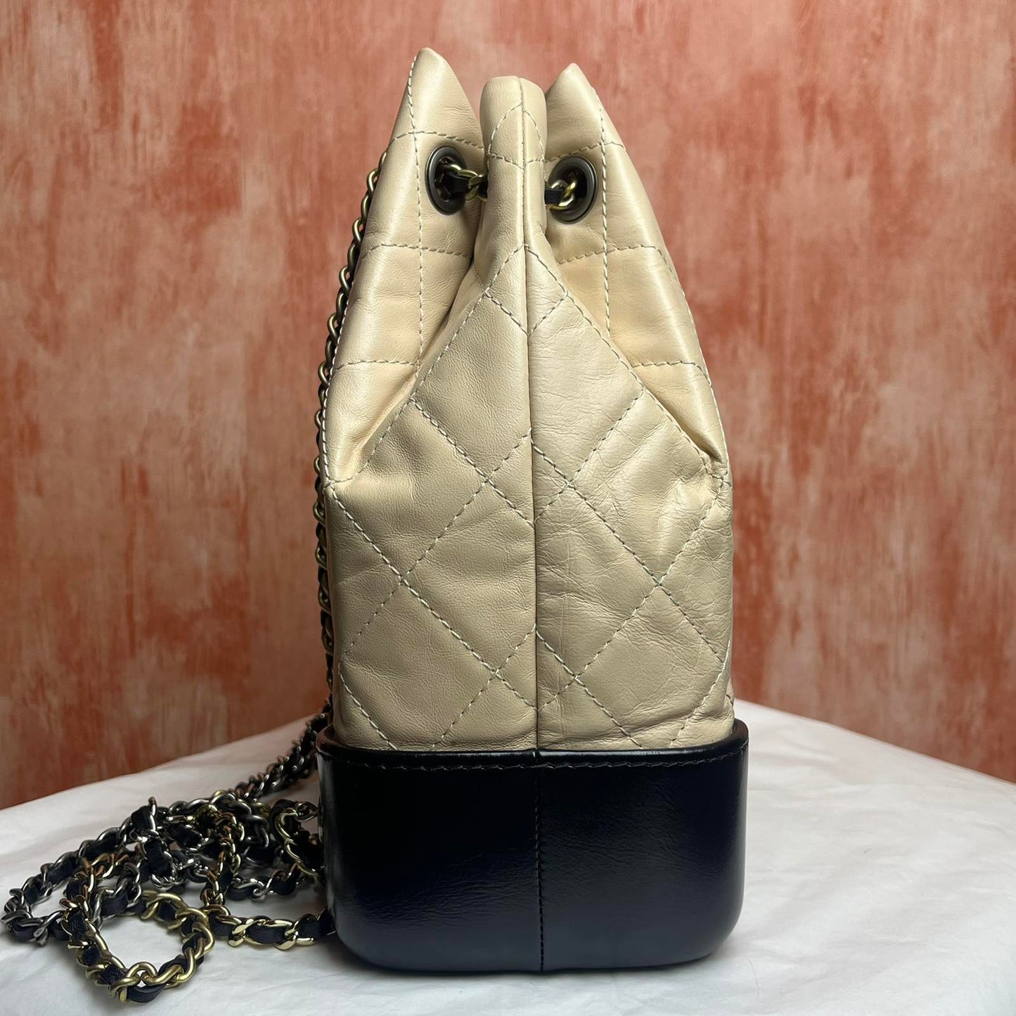 Chanel Gabrielle Backpack - Beige Black 8.9" L x 4.1" W x 9.1" H