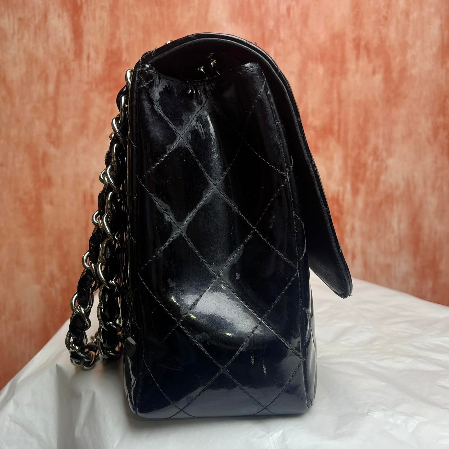 Chanel Classic Jumbo Flap, Patent – Black – 8"H x 12"L x 3.5"W