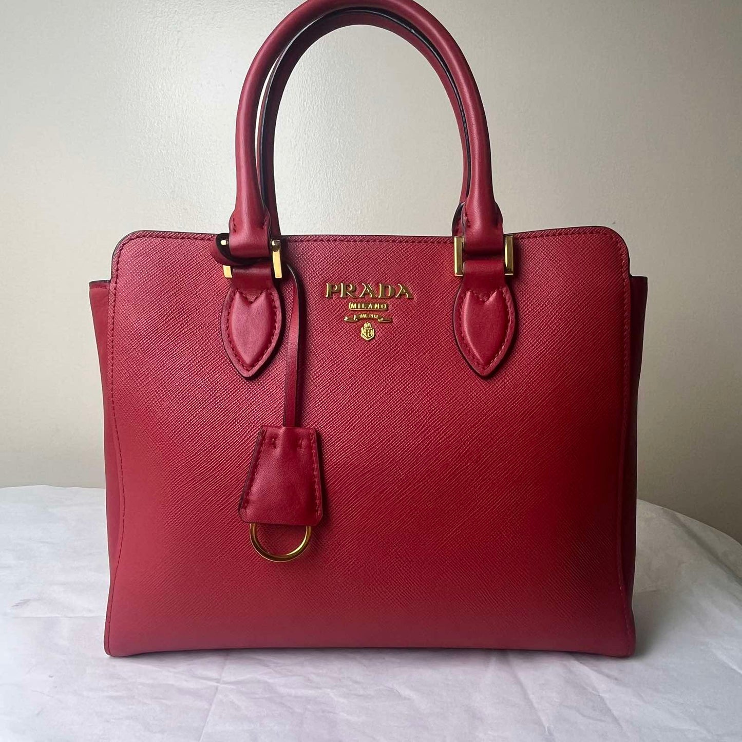 Prada Saffiano Tote – Red – 9.4"H x 13.4"L x 6.3"W