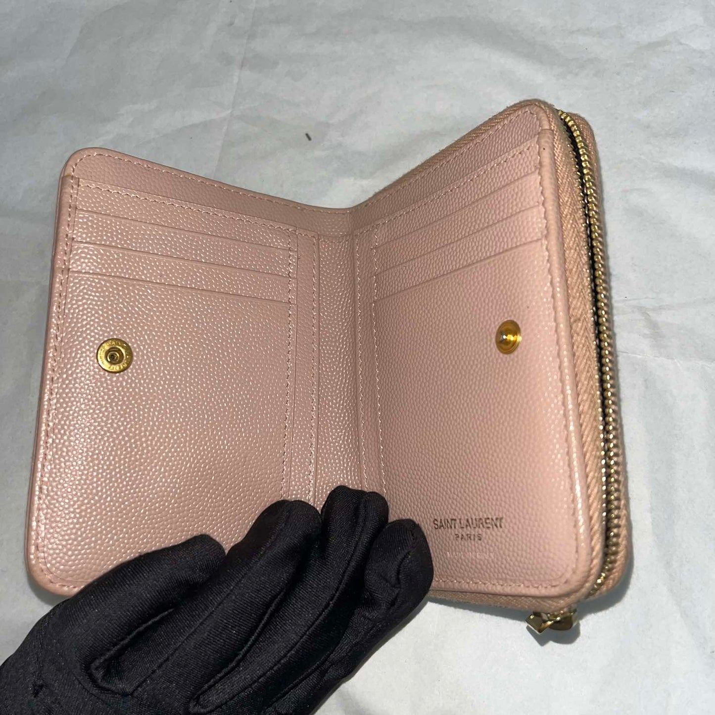 YSL Bi-Fold Wallet, Pink β 3.9"H x 4.5"L x 1"W