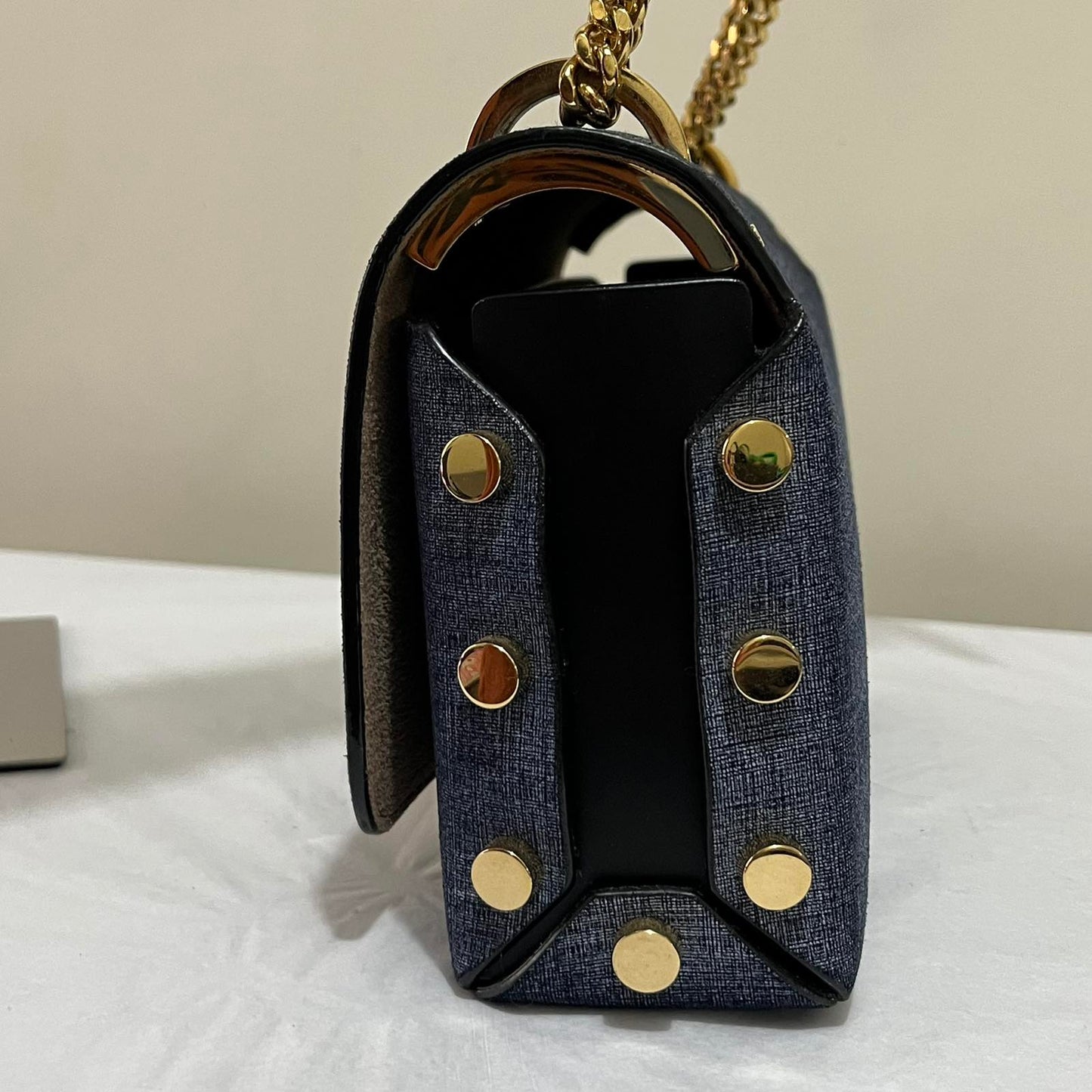 Jimmy Choo Denim Chain Bag – 5.9"H x 9.1"L x 2.4"W