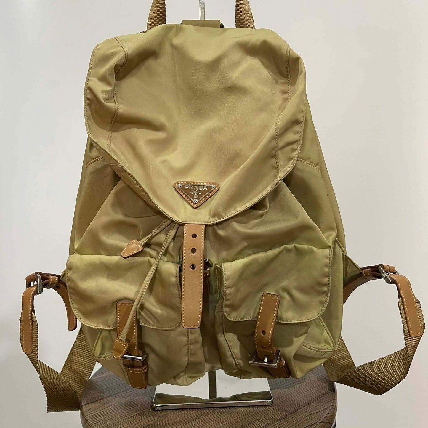Prada Nylon Backpack Khaki with Leather Trim