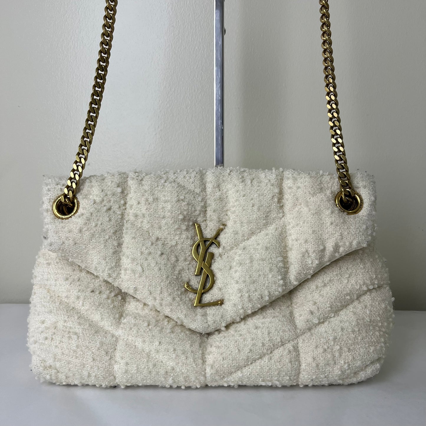 YSL Loulou Medium Tweed White – 9.1"H x 12.2"L x 4.3"W