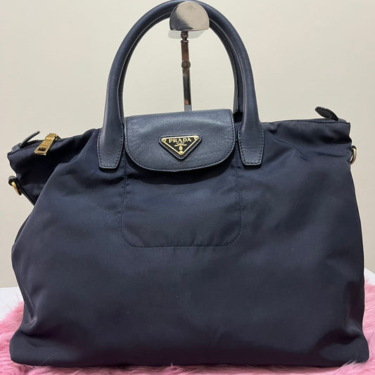 Prada Tessuto Saffiano Nylon 2-way Tote Navy Blue – 11"H x 13"L x 6"W