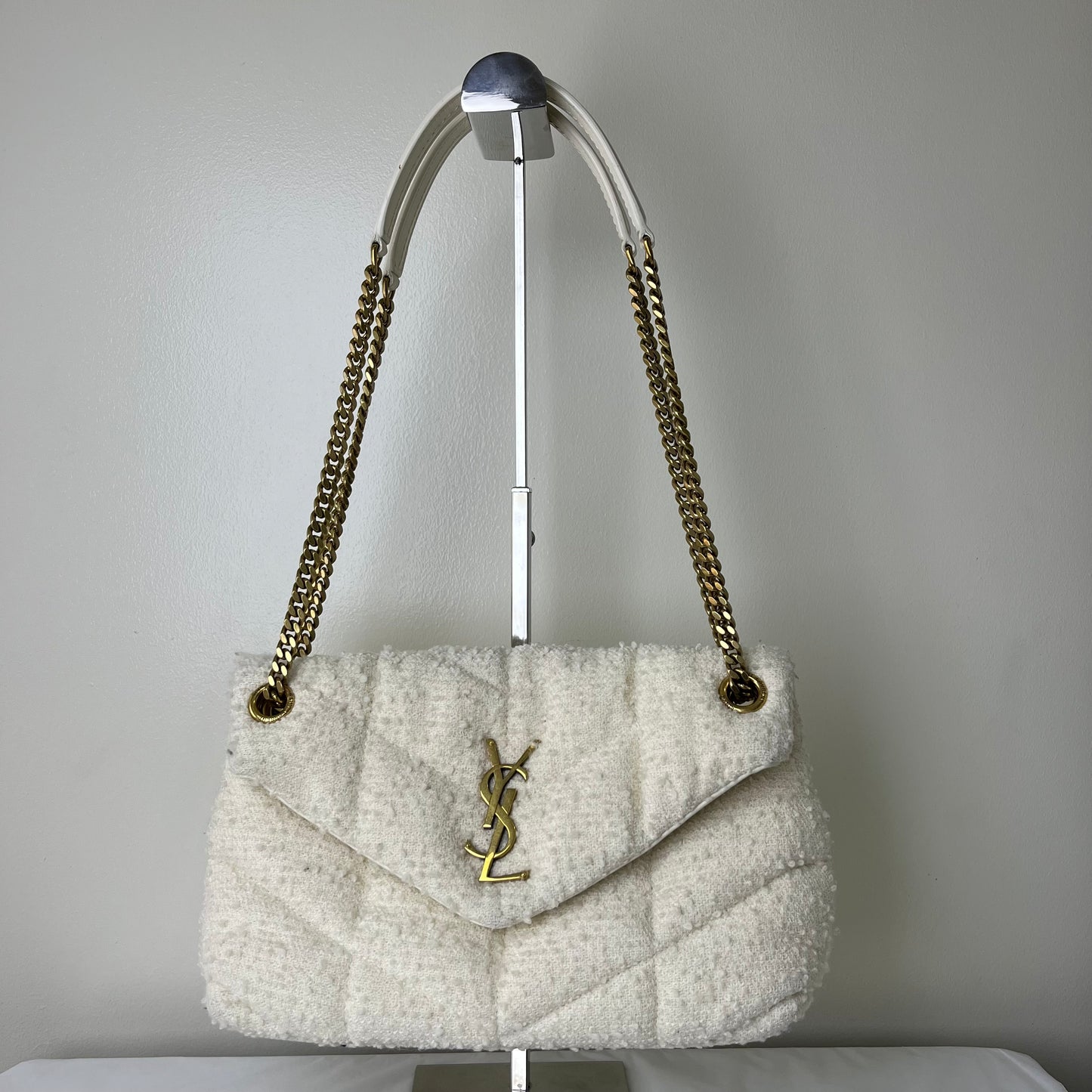 YSL Loulou Medium Tweed White – 9.1"H x 12.2"L x 4.3"W