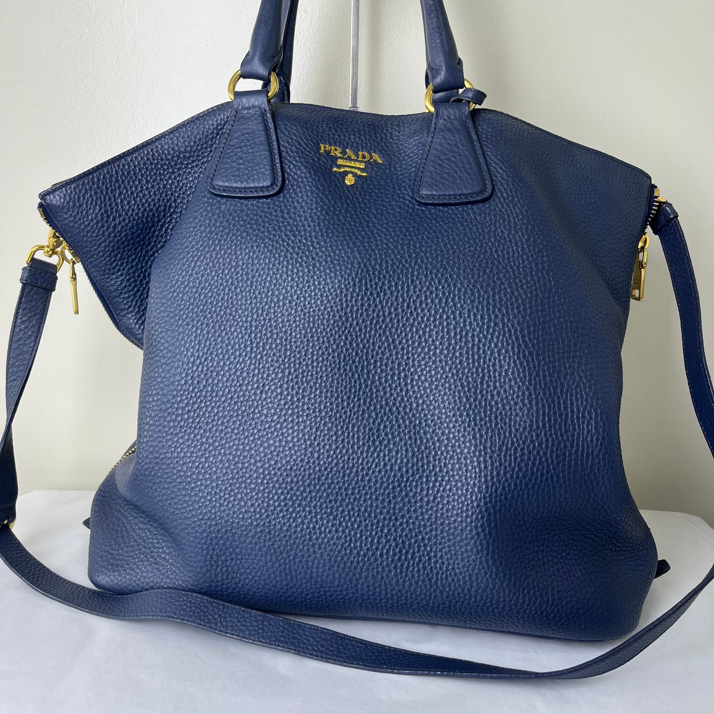 Prada Vitello Daino Navy Blue – 10.6"H x 14.2"L x 6.3"W