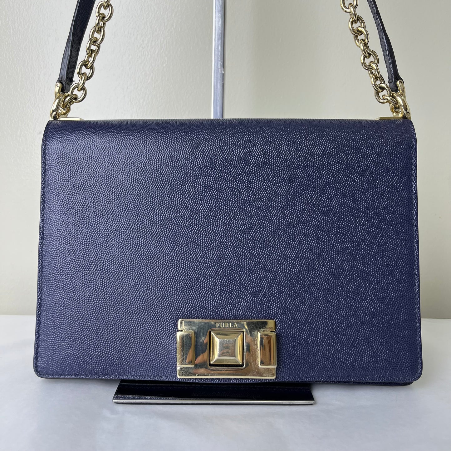 Furla Saffiano Crossbody Navy Blue – 5.3"H x 7.9"L x 1.6"W