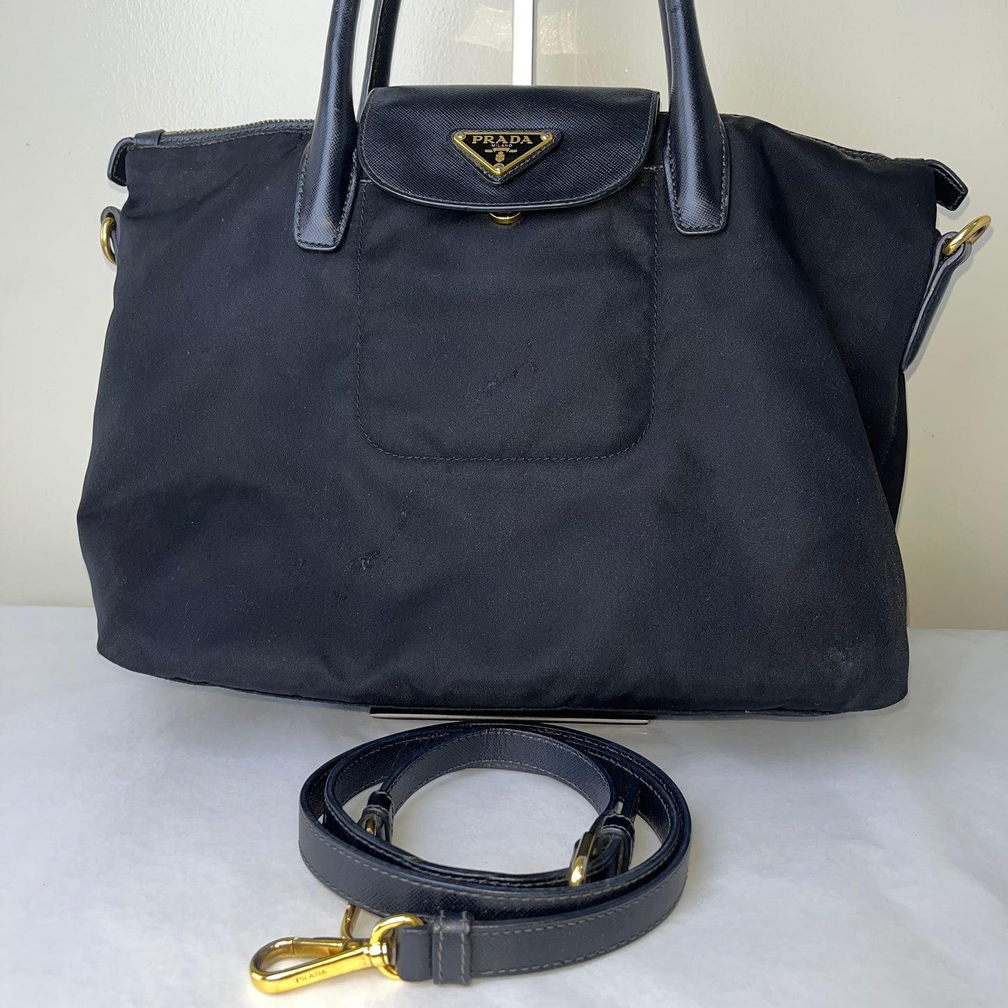 Prada Nylon Tote Black – 11.8"H x 14.8"L x 6.3"W
