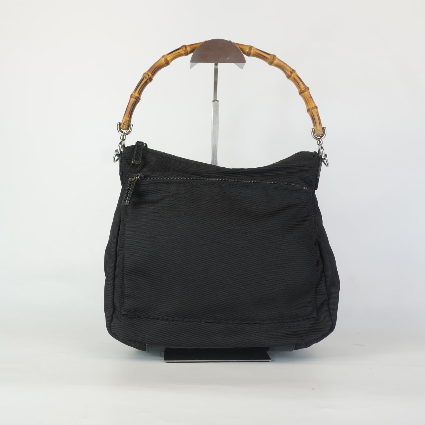 Gucci Bamboo Handle Nylon Shoulder Bag Small Black