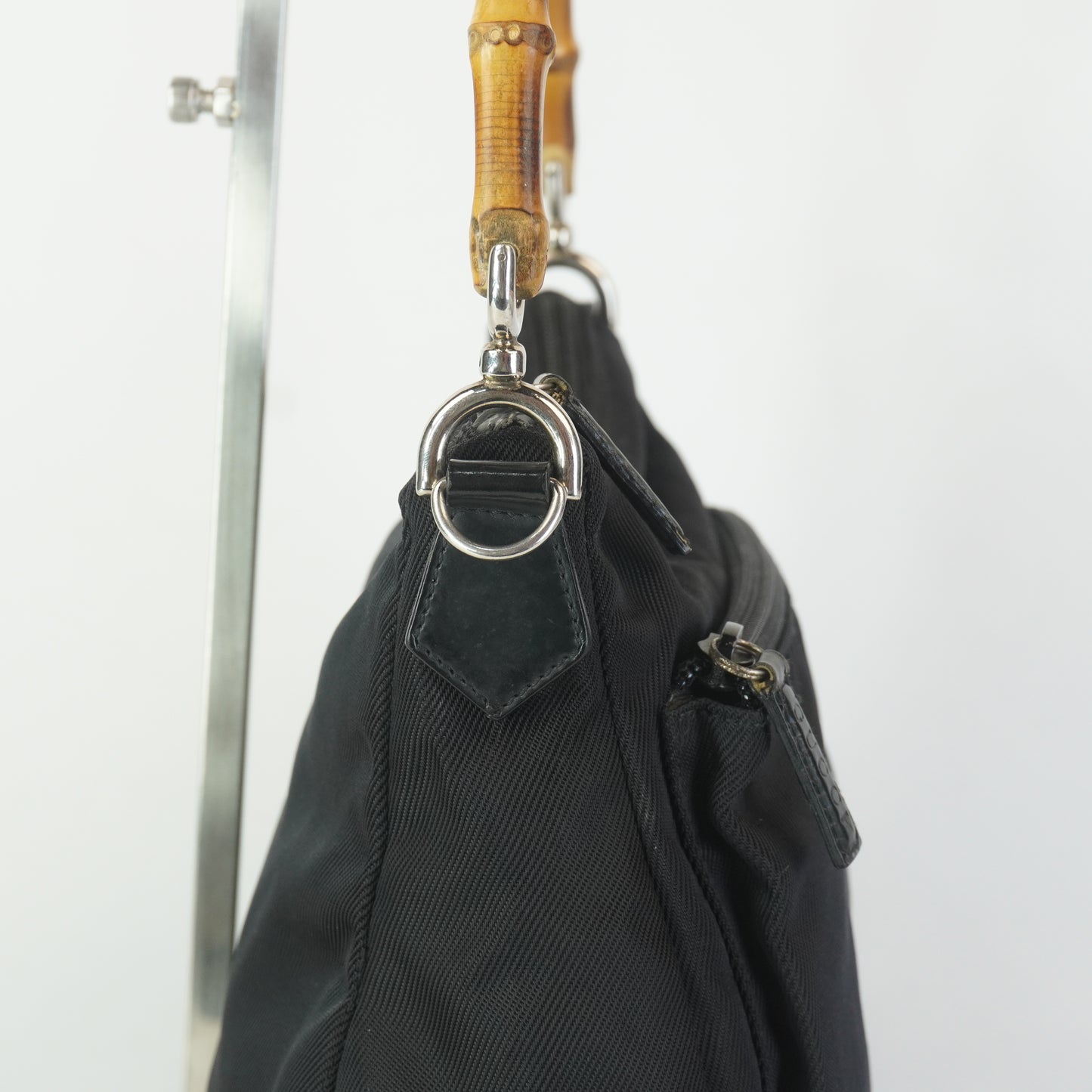 Gucci Bamboo Handle Nylon Shoulder Bag Small Black