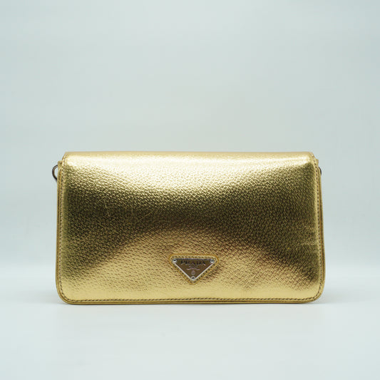 Prada	Metallic Cinghiale Flap Crossbody Bag Gold Smll GHW