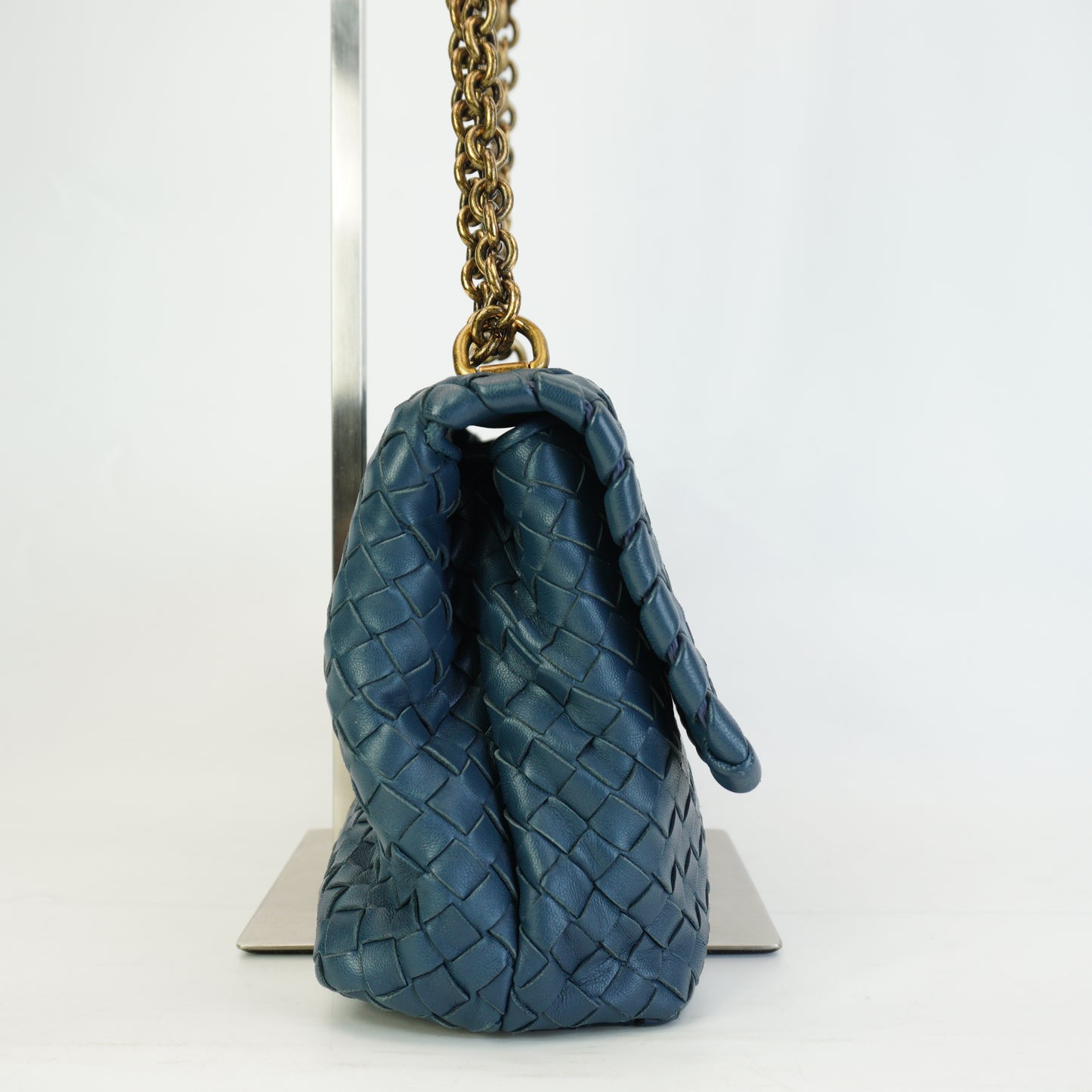 Bottega Veneta Intrecciato Olimpia Chain Shoulder Bag Blue Medium  GHW