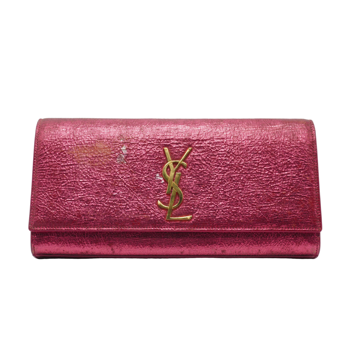 YSL	Classic Metallic Pink Leather Clutch Bag Small GHW
