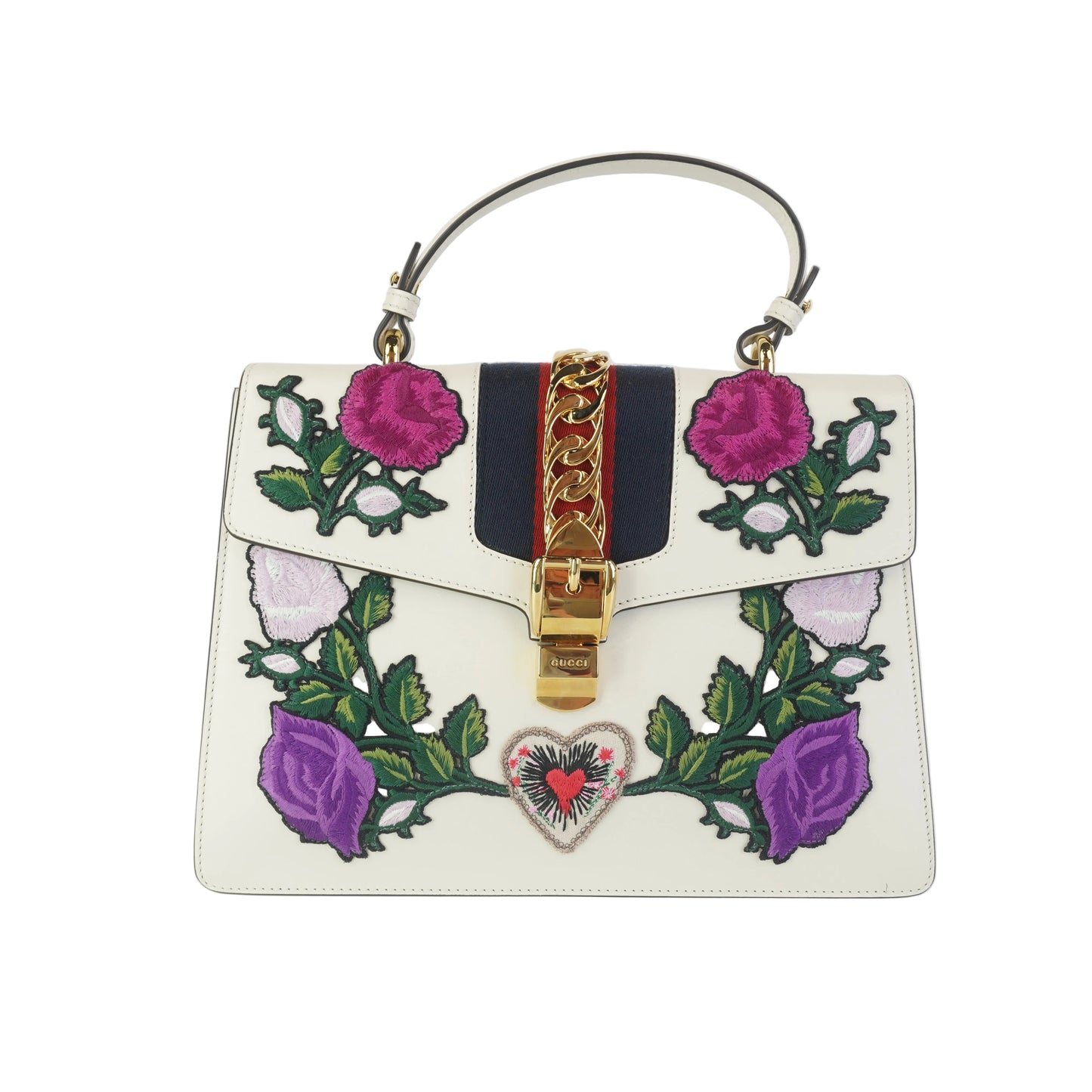 Gucci Sylvie Embroidered Leather Top Handle Bag Medium